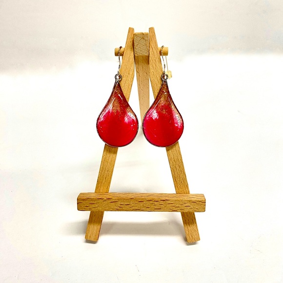 HANDMADE Glitter Pink Teardrop Dangle Sterling Silver French Hook Earrings - Picture 8 of 9